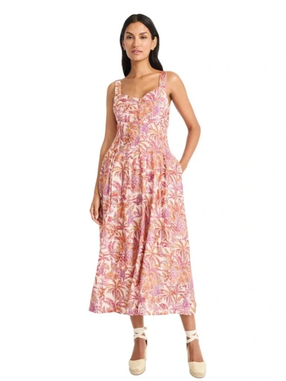 Maggy London Pink and Orange Tropical-Print Midi Dress
